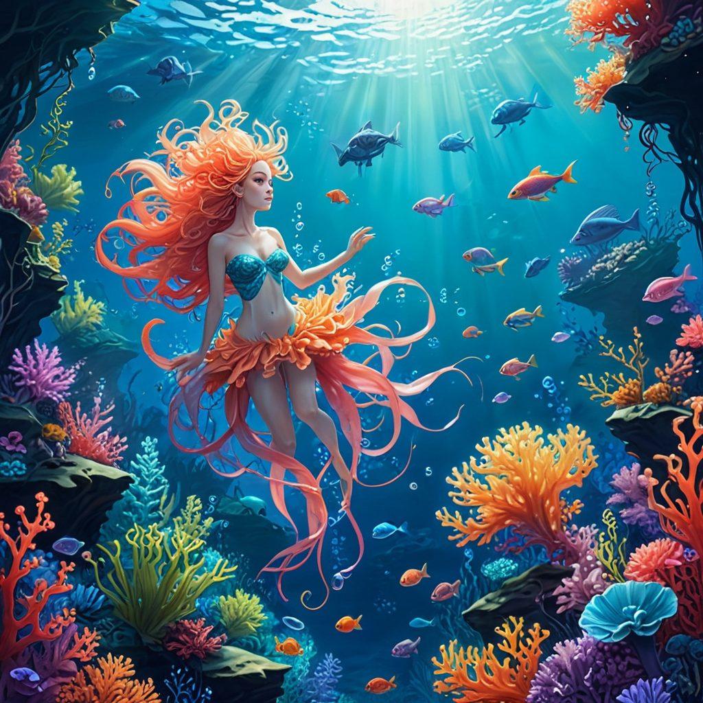 A surreal underwater world featuring various expressive characters inspired by hentai art, blending vivid coral reefs and fantastical aquatic creatures. Sunlight filters through the water creating ethereal patterns, while anime-inspired visuals showcase vibrant colors and exaggerated expressions. Include elements like flowing seaweed and bubbles for added immersion, set against a dreamlike blue background. cartoonish style. vibrant colors. ethereal lighting.